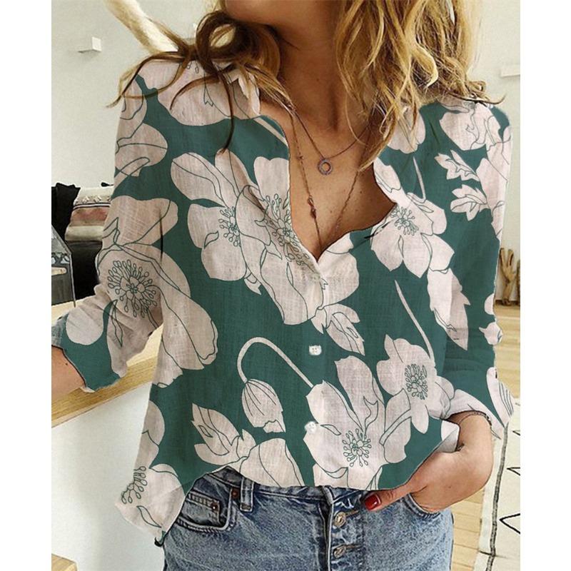 

Spring and Autumn Big Flower Print Long Sleeve Top Cotton and Linen with Sleeve Row Shirts Casual LooseWomen’s Blouses & Shirts S