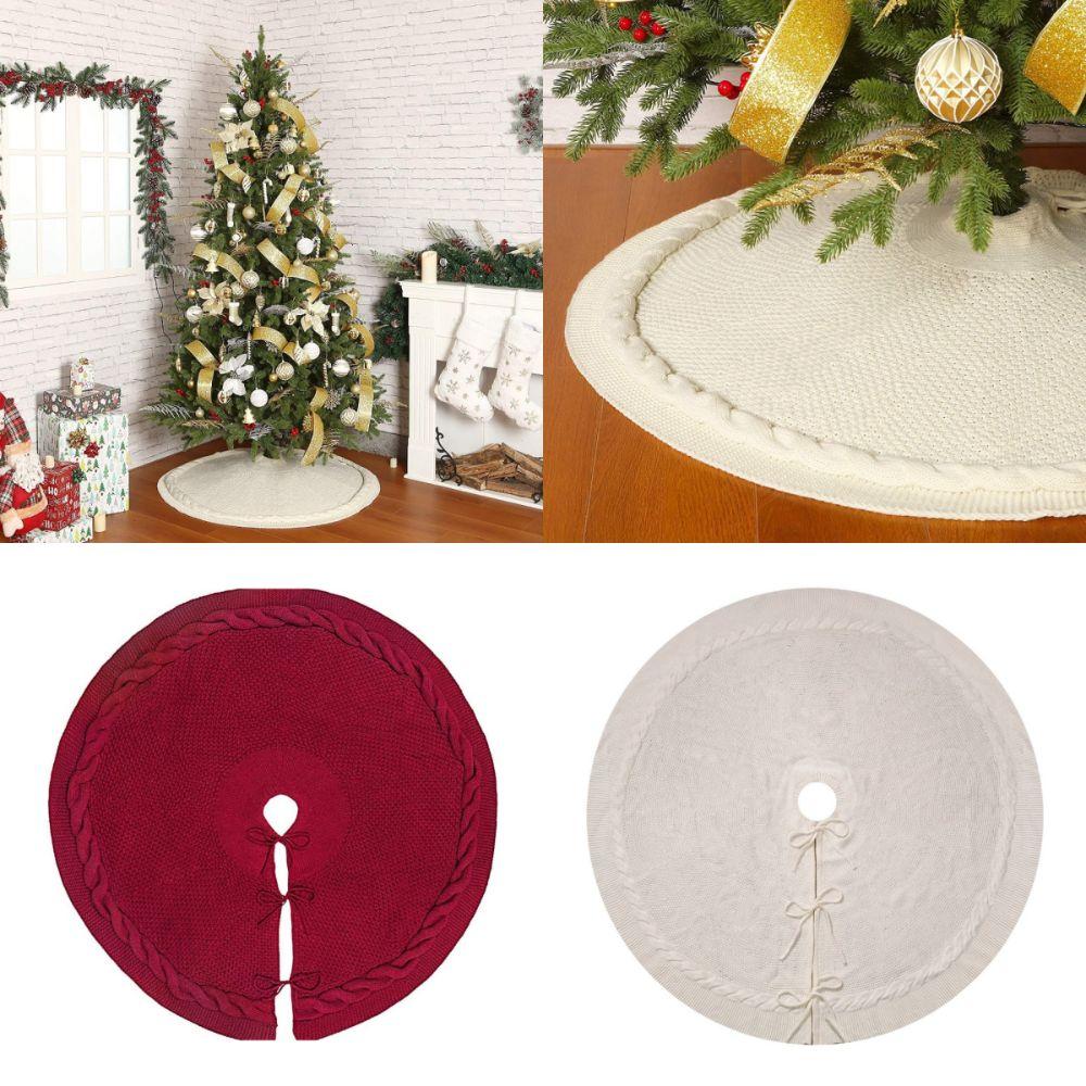 New Cable Knitted Christmas Tree Skirt Red Cream Rustic Xmas Tree Base Cover Home Decorations Round Thicken Christmas Tree Decor