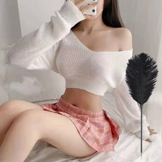 BDSM Feather Teaser Wand with Black Feathers Soft Sensual Tickler for Couples' Foreplay & Roleplay Lightweight Discreet Adult Toy for Intimate Play &