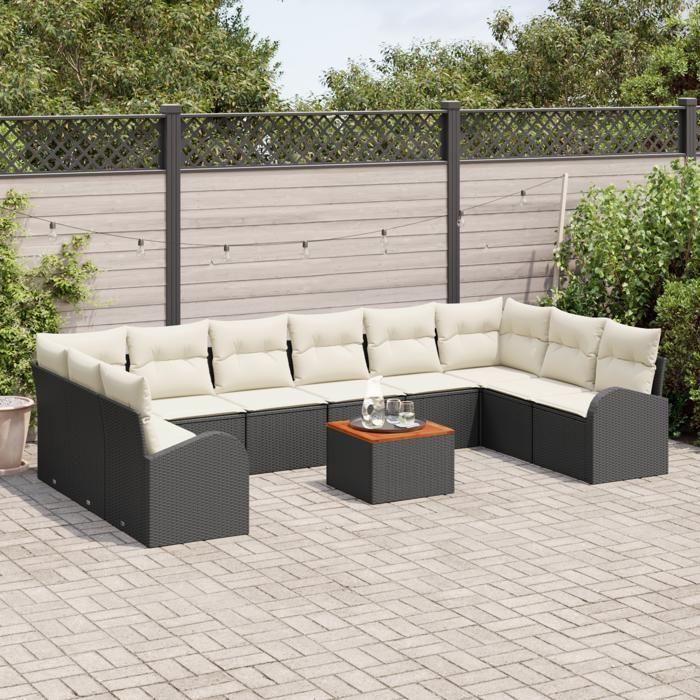 VidaXL Ensemble de canapés de jardin 11 pièces avec coussins Noir Poly Rattan Acacia 3347628