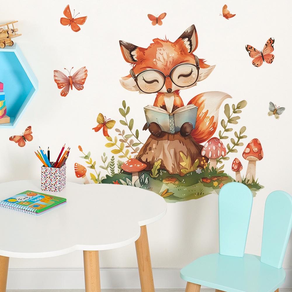 Cartoon Fox Reading Children's Room Kindergarten Wall Beautification Wall Stickers Self-adhesive
