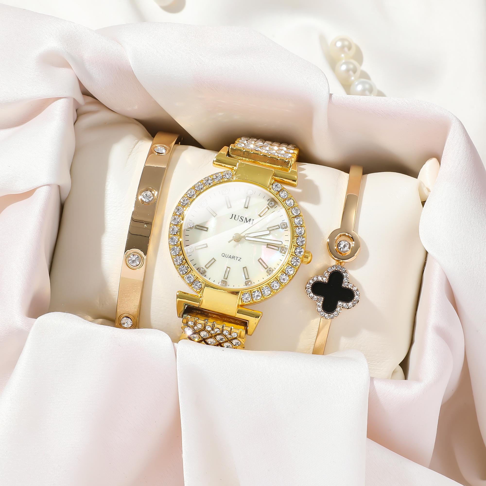 

Новые женские кварцевые часы-браслет из трех частей в модном ретро-стиле «звездное небо», инкрустированные бриллиантами, с простым роскошным дизайном. золотой