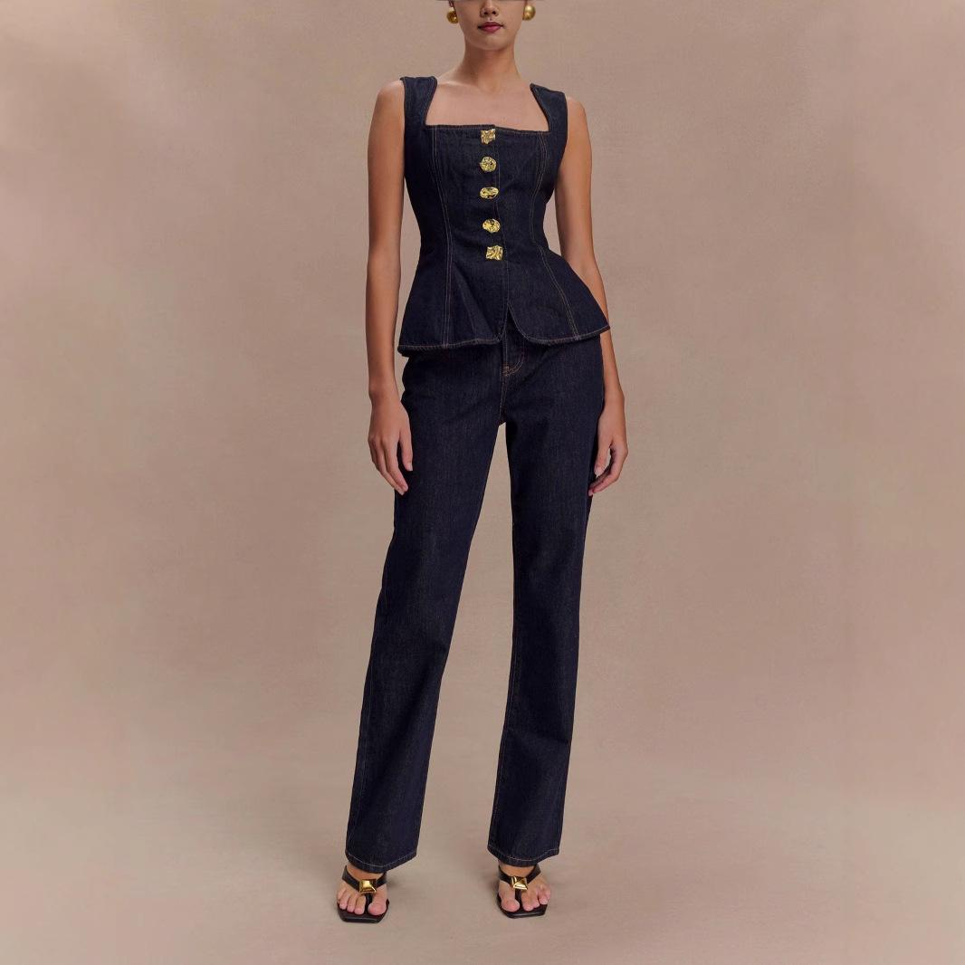 

IHUASU Женский комплект из джинсовой куртки и брюк на пуговицах с высокой талией в современном стиле XL