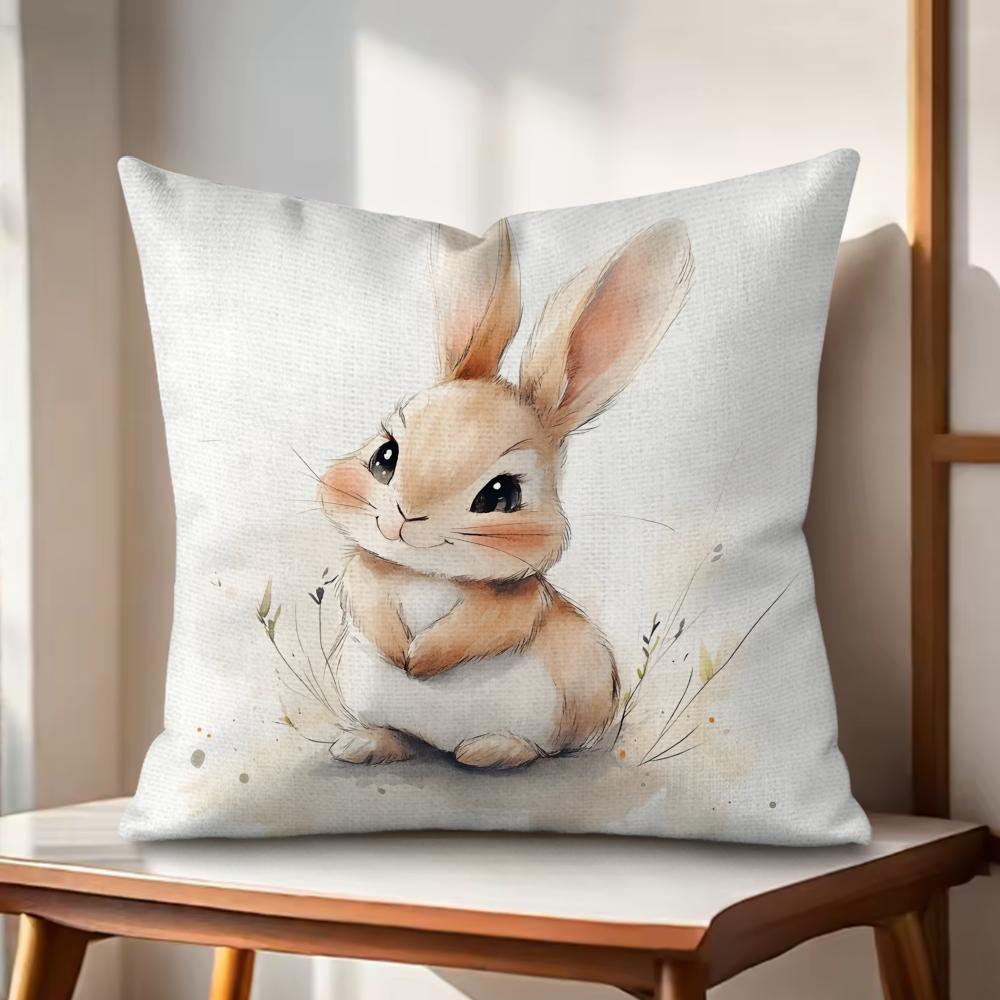 Cute Retro Bunny Cushion Cover Natural Linen Organic Fabric DoubleSided Printing Couch Pillow Covers Home Decor