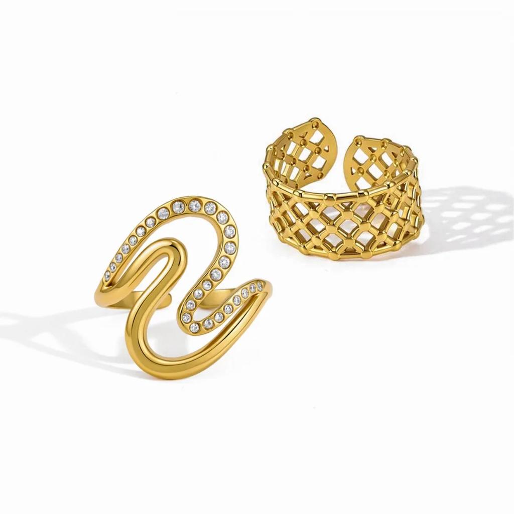 18K Gold PVD Plated Stainless Steel Waterproof Rings for Women Girls Trendy Zircon Wave Open Wedding Jewelry Gfts