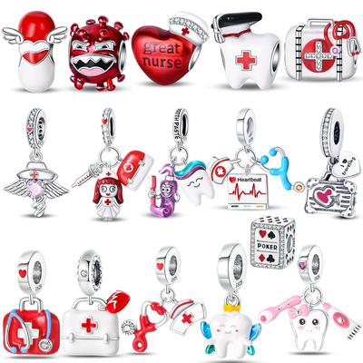 Original Charms Kupfer Rotes Herz Medizinische Versorgung Zahnmedizinisches Anhänger Krankenschwester Perlen Passend für Armband Damen Schmuck DIY Zubehör Geschenk