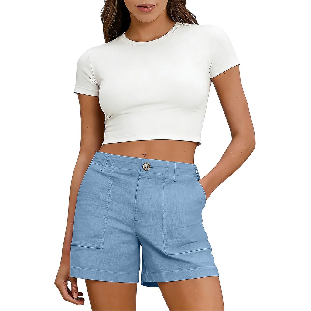 Women's Soft Cotton Linen Shorts Pockets Soft  Button Closure No Zipper Slim Fit Shorts