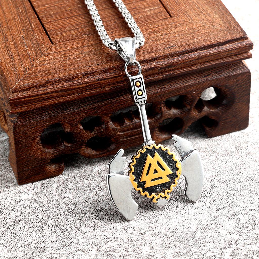 Nordic Style Viking Stainless Steel Double-Headed Axe and Snowflake Pendant.
