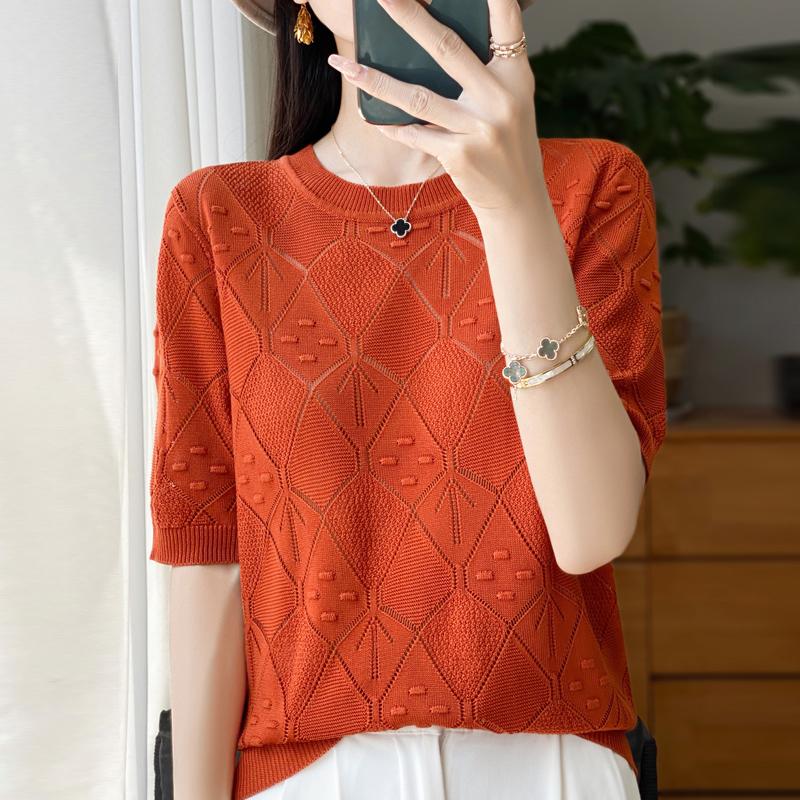 Women Knit T-shirt Summer Knitted Shirt Short Sleeve Tees O-neck Pullover Knit Tops Female