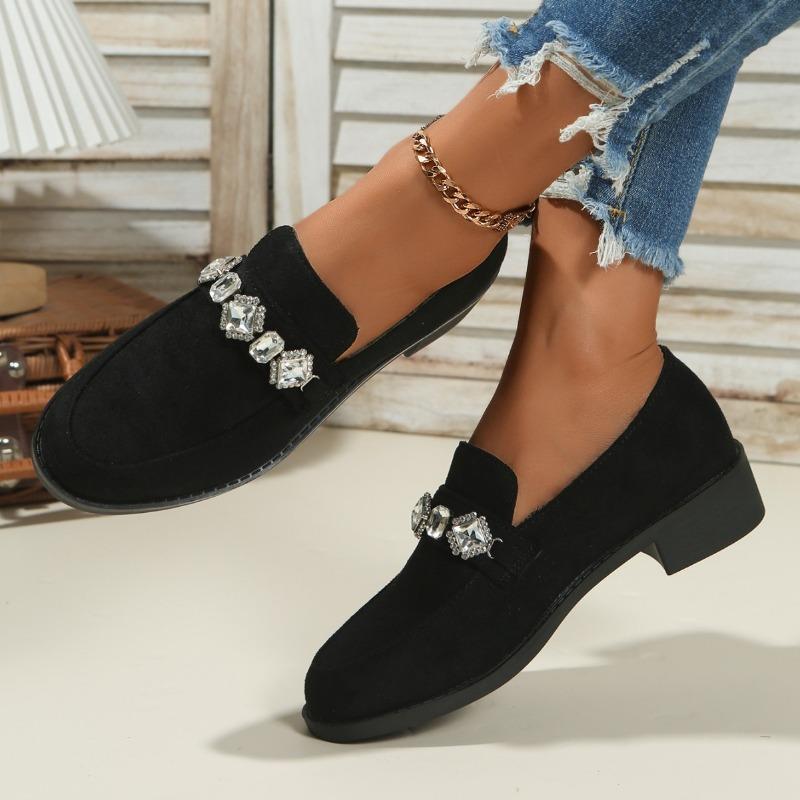 2025 Autumn New Rhinestone Suede Low-Top Shoes Thick Heels British Loafers Women