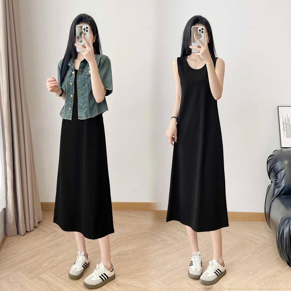 Women's Retro Denim Jacket & Long Sleeveless Vest Dress Set - Summer Slimming Tummy Cover