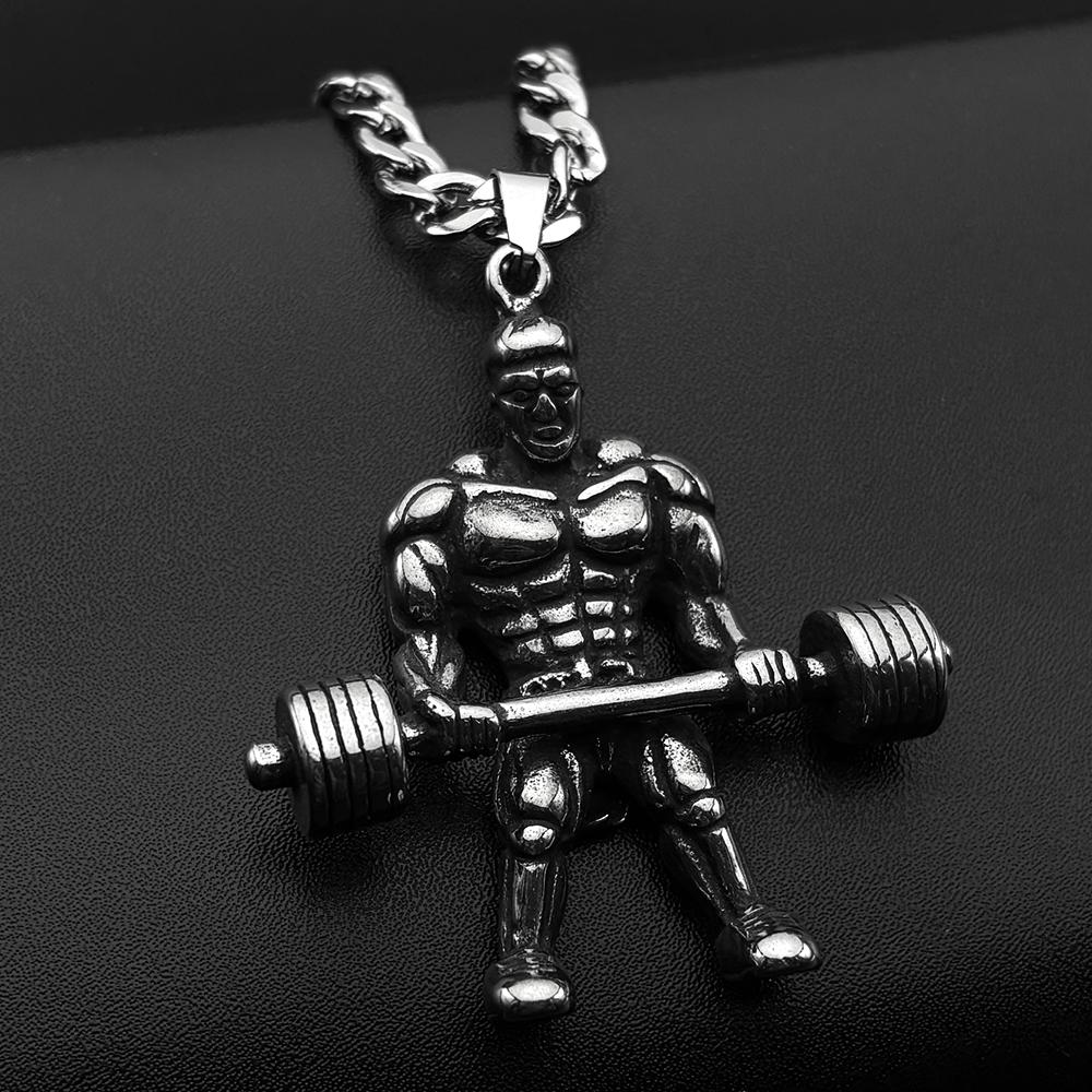 Muscular Man Barbell Fitness Bodybuilder Pendants Necklaces for Women Men Stainless Steel Silver Color Gym Chain Jewelry