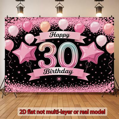 2D Flat 30th Birthday Banner Big Number 30 Balloon and Happy Birthday Pink and Gold Party Decorations Polyester