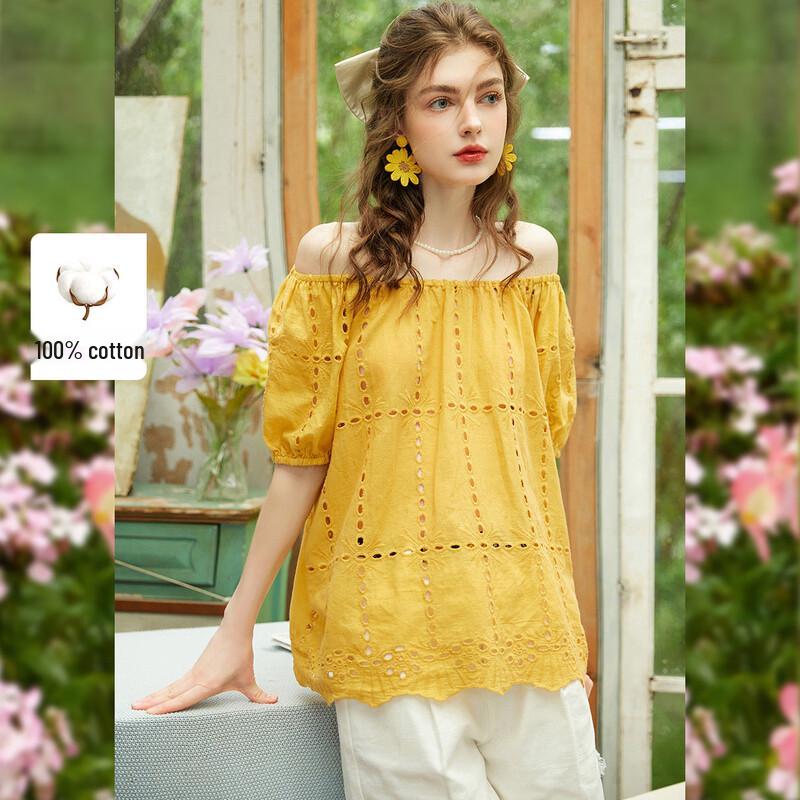 Bailuyu Sweet Embroidered Hollow-Out Puff Sleeve Shirt S