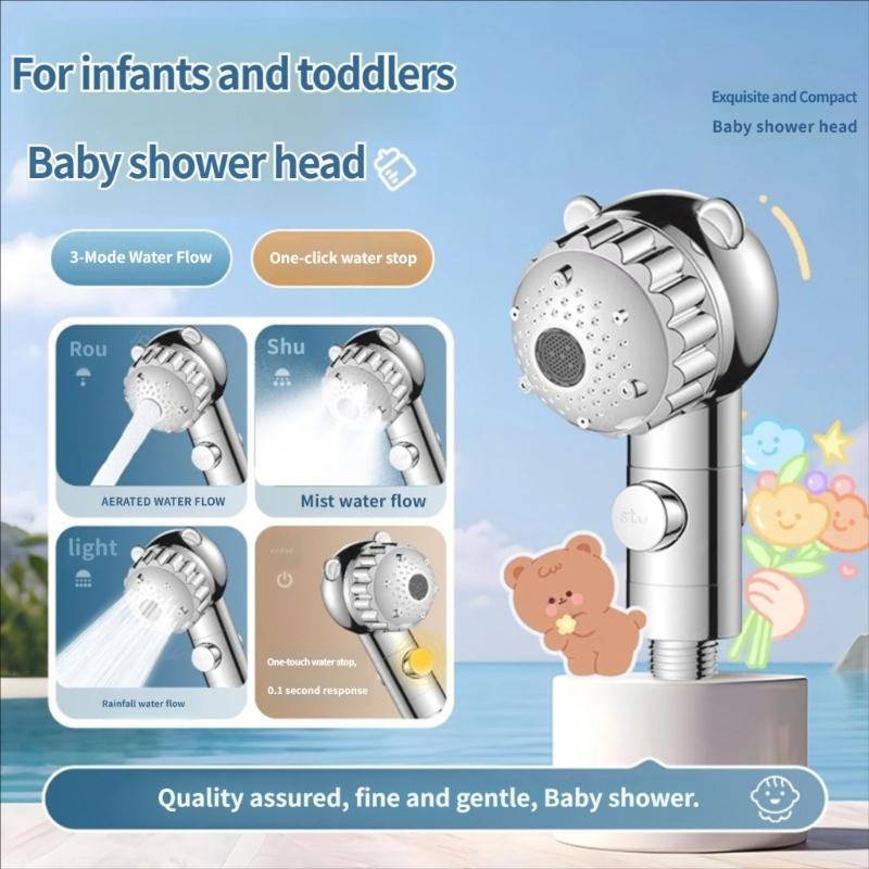Bathroom Shower Head Replacement with Stop Button, Bear Theme Hand Shower Head for Daily Family Bath Use and Care