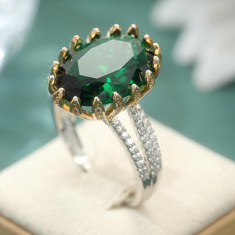 Luxuriöser Eleganter Grüner Synthetischer Zirkonia Versilberter Ring für Damen Vintage Funkelnder Bankett-Feier Schmuck Accessoires 9&Silver Plated gray