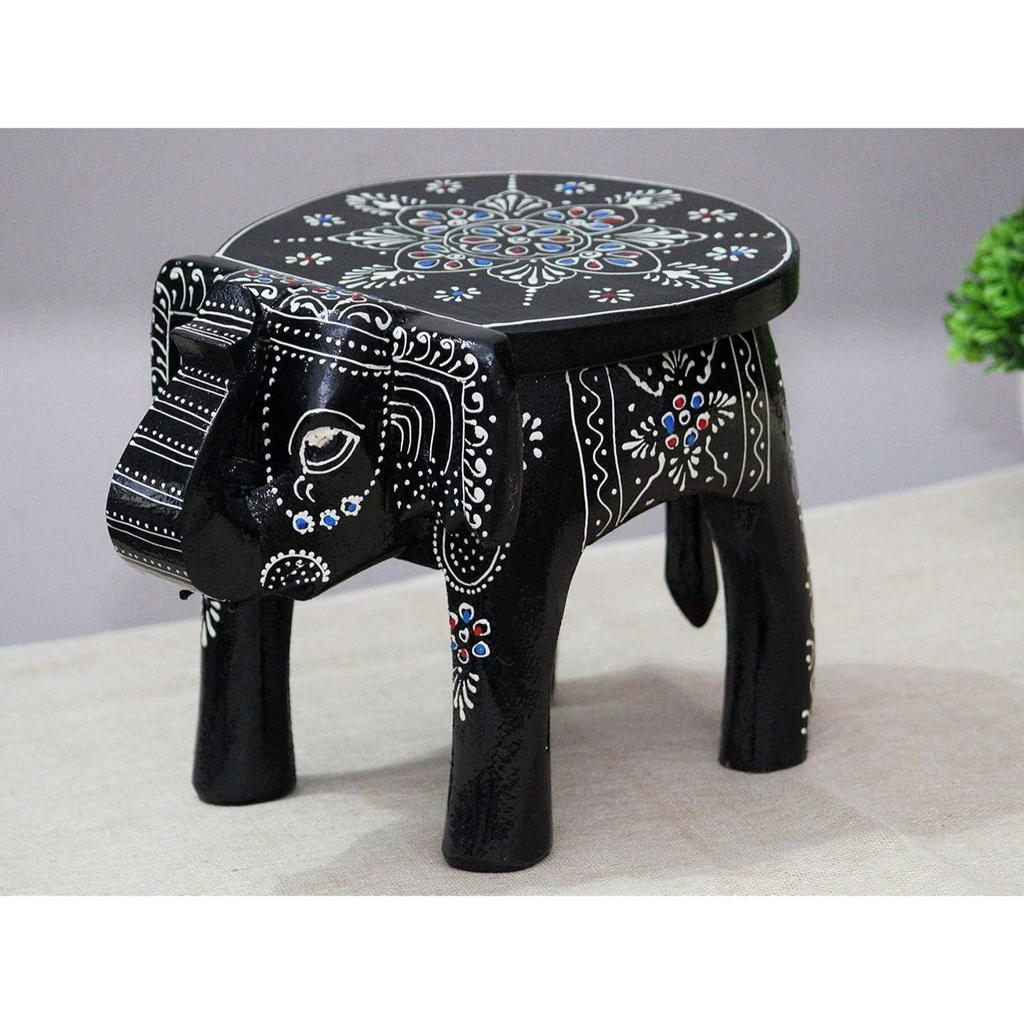 Handcrafted and Emboss Painted Colorful Wooden Elephant Shape Stool Table (8 Inches Height, Black)