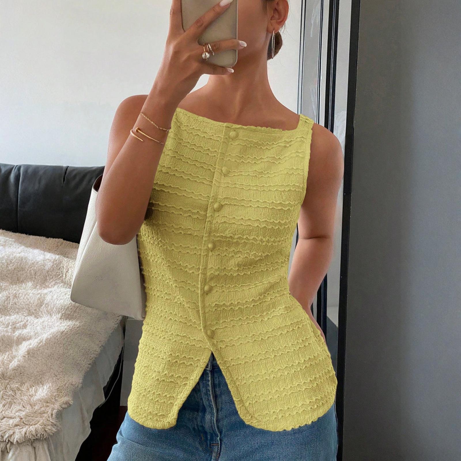 

Women s Fashionable Color Single Breasted Round Neck Sleeveless Slim Fit Vest Top XL жовтий