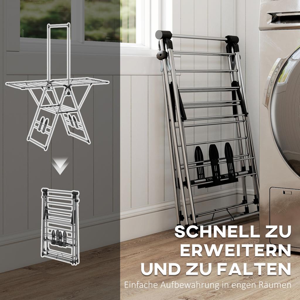 Foldable Clothes Airer, Standing Dryer with Adjustable Wings and Shoe Holders. Stainless Steel. 156.5 x 68 x 192 cm. Silver