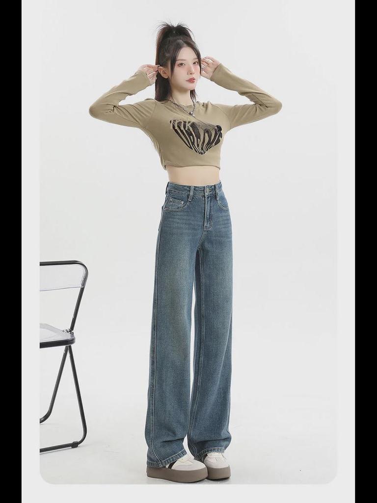 Damskie retro dżinsy z aksamitu z wysokim stanem i szerokimi nogawkami: Długość do podłogi, ciepły, luźny krój na jesień/zimę.