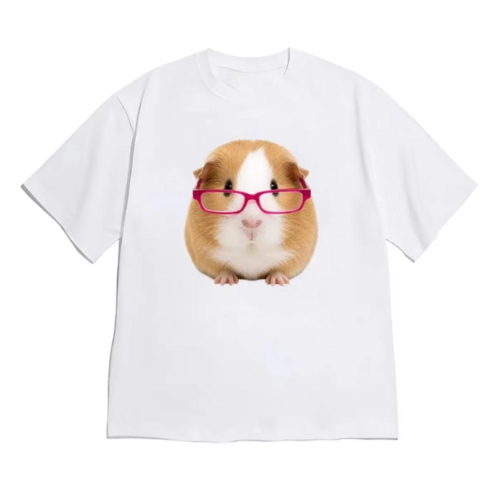 2026 Cute Guinea Pig With Pink Glasses Graphic T Shirt Unisex Loose Oversized Short Sleeve Y2k Harajuku S