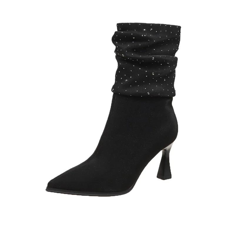 Ankel Tynne hæler Moderne Støvler Vinter Slip-on 2024 Hot Sale Sko Kvinnelig spiss Høy Hæl Solid Bling Kortfattede Damestøvler