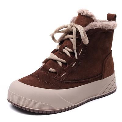 Damen Stiefeletten Plateau Fleece Fell Schnürung Damenschuhe Stiefel Retro Echtes Leder Runde Zehenpartie Schnürung Damen Stiefeletten