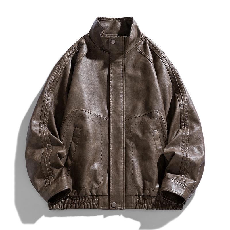 American retro PU leather jacket men's autumn loose trendy brand large size jacket top men's trendy stand-up collar windproof jacket