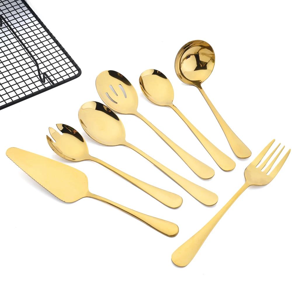 7Pcs Cutlery Set Stainless Steel Dinnerware Set Soup Spoon Colander Service Spoon Salad Fork Cake Spatula Kitchen Home Tableware