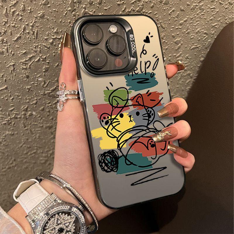 Line cat is suitable for Apple 15 mobile phone case iPhone14promax anti-drop 13/12 colored silver case 11 simple X