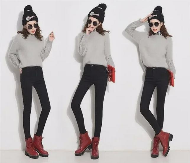 Women's Plush High-Waist Slim-Fit Cotton Jeans for Autumn/Winter