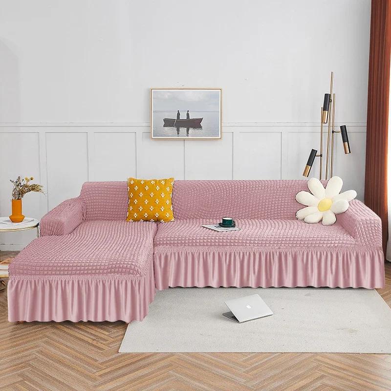1ks tvarovaný kostkovaný seersuckerový potah na sukni na pohovku, jednobarevný pruhovaný vzor, potah na pohovku do obývacího pokoje, elastický potah na křeslo 1/2/3/4 místný