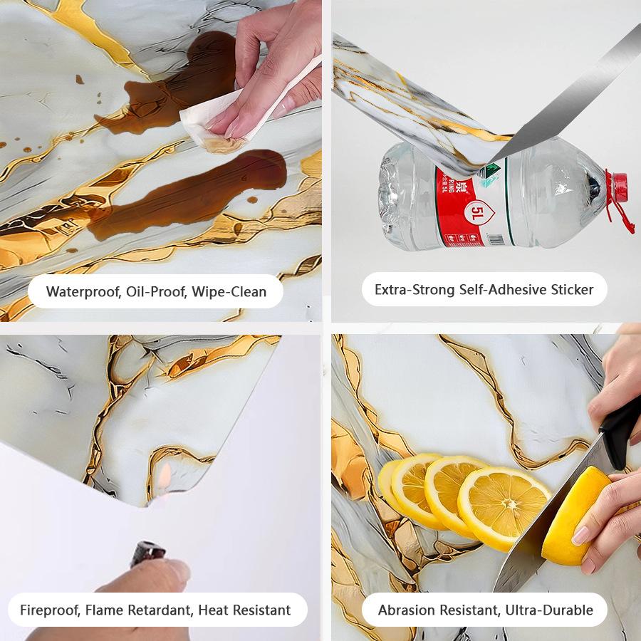 Self-Adhesive Gold Foil Marble Wallpaper Peel & Stick, Waterproof Oil-Proof Kitchen Backsplash Countertop Sticker, 5-Layer PET Wall Decal for Furnitur