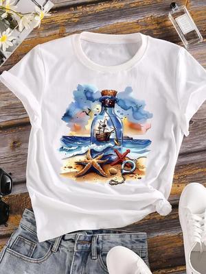 (Asian Size) Beach Trend Cartoon Women Tee Top Clothing Casual Flower Fashion Short Sleeve T Shirt Print Lady Female Graphic T-shirt