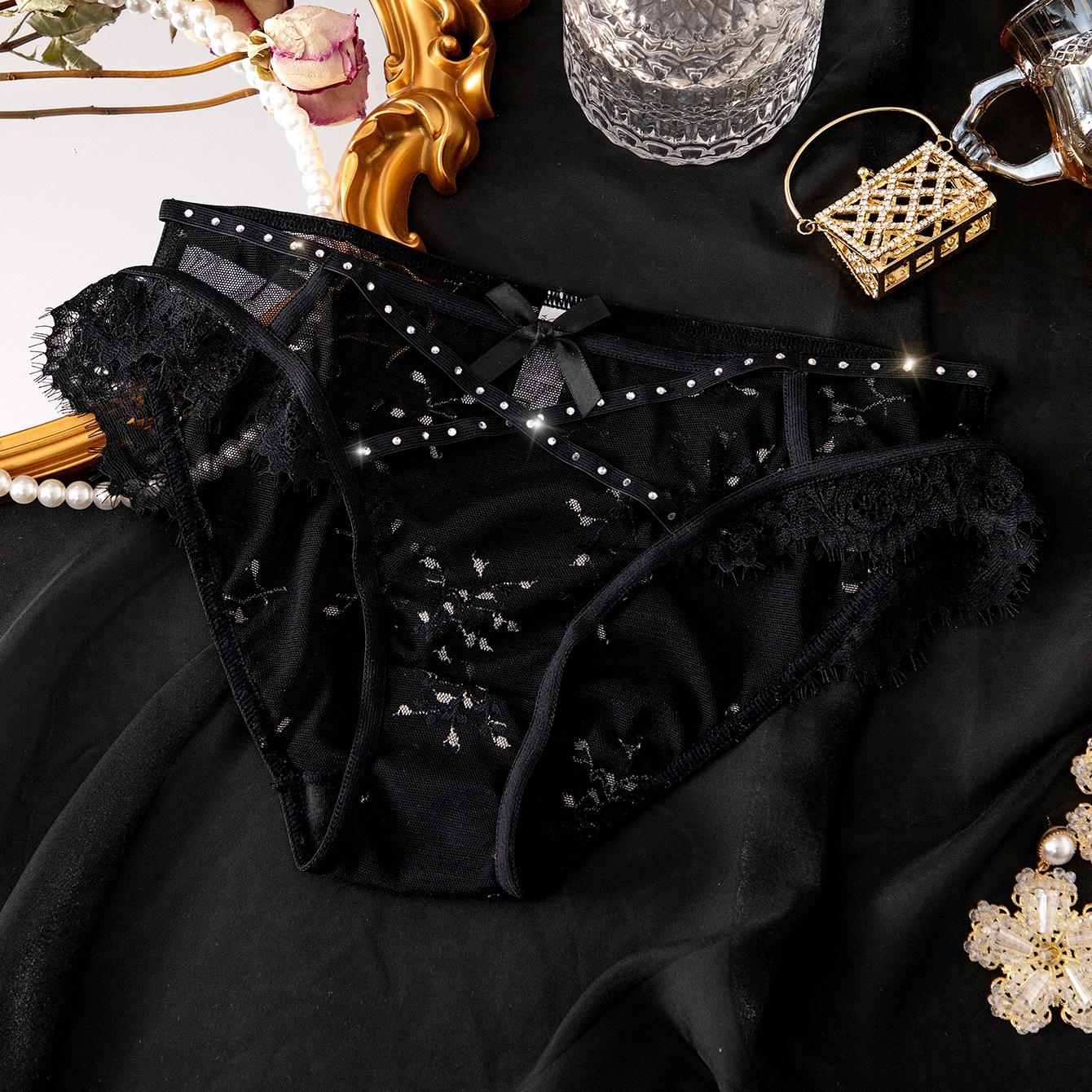 

Бриллиантовые декоративные трусики кружевные сексуальные дышащие треугольные высокой эластичности женские трусики L чёрный