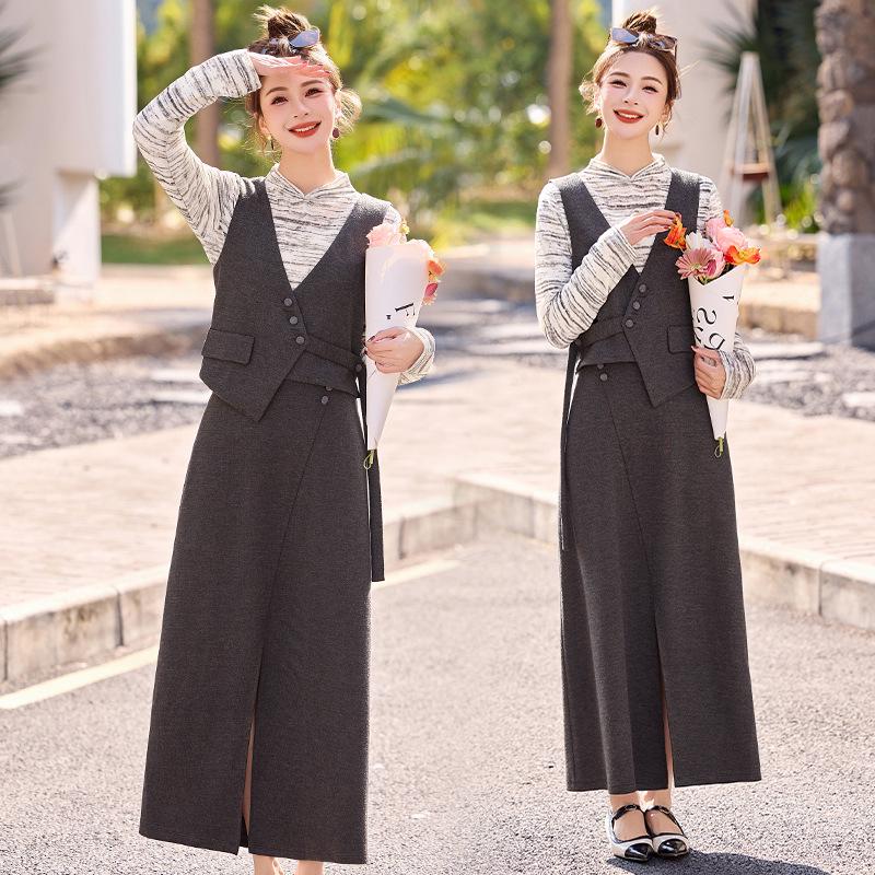 2025 Spring Elegant Long Sleeve Shirt, Vest, and Long Dress Three-Piece Set - SX3095