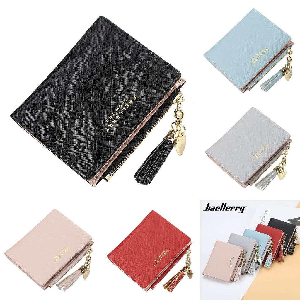 Wallet For Women Short Cardholder Pu Leather With Tassel Decor And Letter Print Design