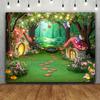 2D Whimsical Green Forest Mushroom Cottage Backdrop for Children Photoshoot