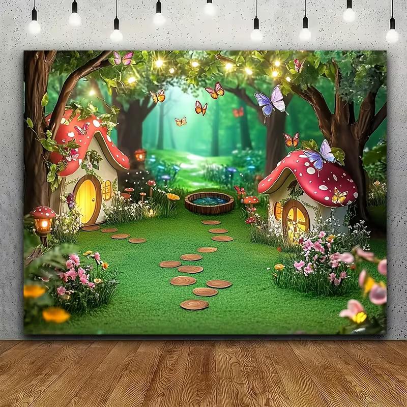 2D Whimsical Green Forest Mushroom Cottage Backdrop for Children Photoshoot