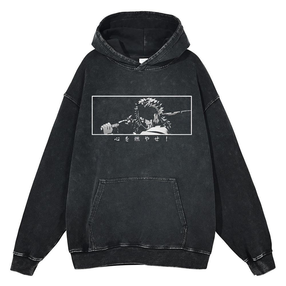 Japan Anime Demon Slayer Rengoku Kyoujurou Graphic Washed Hooded Men Manga High Quality Hoodies Harajuku Male Cotton Sweatshirt
