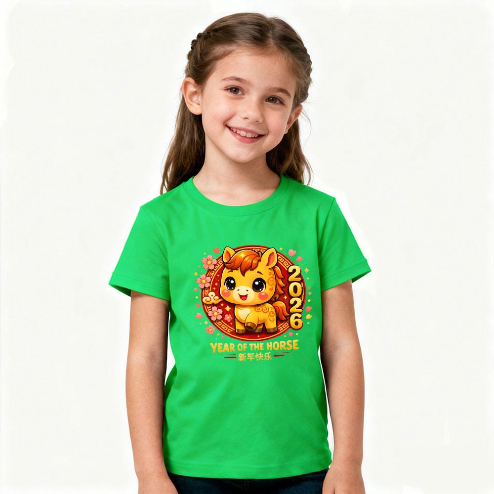 Year of The Horse 2026 Kids Tshirt Chinese New Year Kawaii Horse Printed Shirt Boys and Girls New Year Festival Costumes