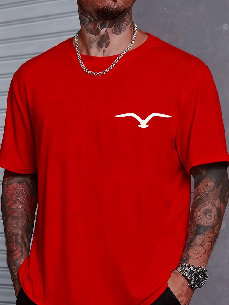Unisex Crew Neck Tee Minimal Seagull Chest Silhouette Print Short Sleeve Oversized Male Daily Casual Soft Breathable Basic Wear Top