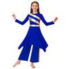 Kids Girls Church Dance Performance Set: Mock Neck Long Sleeve Metallic Patchwork Dress with Asymmetrical Hem & Matching Wide-Leg Pants