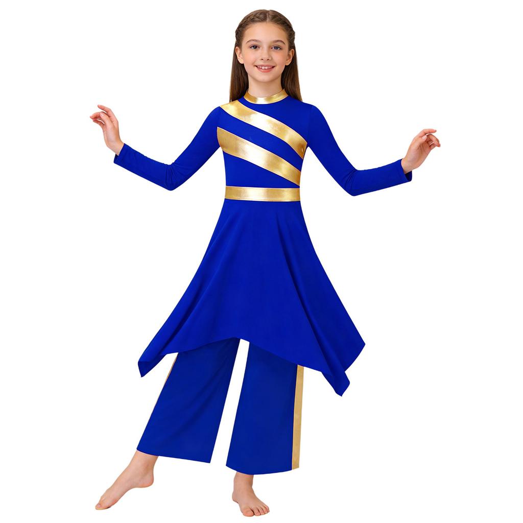Kids Girls Church Dance Performance Set: Mock Neck Long Sleeve Metallic Patchwork Dress with Asymmetrical Hem & Matching Wide-Leg Pants