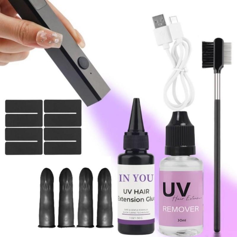 

Salon Pro UV Hair Kit,10s Fast-Curing Lamp & Waterproof Glue,Seamless Long-Lasting Extensions,Comb Remover Set A set