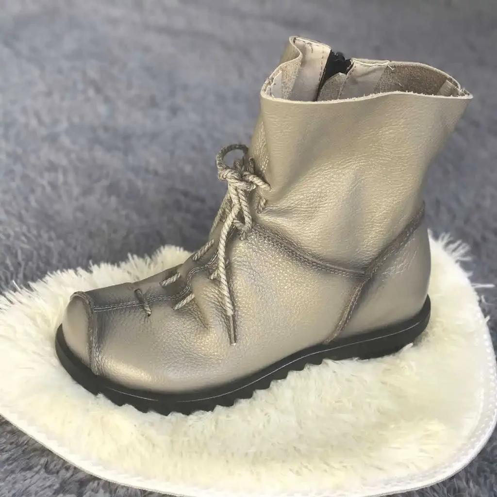 Women Boots Soft Leather Woman Short Retro Soft Leather Shoes Girls Flat Non-slip Short-tube Soft-soled Cotton Boots Shoe