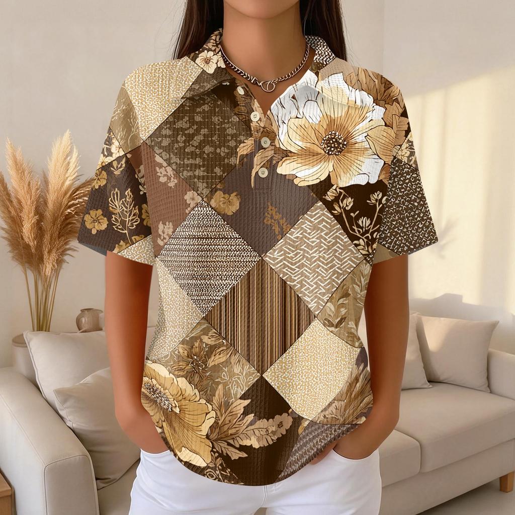 Women's Casual Short Sleeve Waffle Knit Polo Shirt Vintage Floral Print Button Down Collared Top Lightweight Breathable Fabric