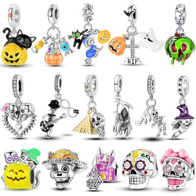 Halloween Charms Bead Copper Plated Pendants Luminous Pumpkin Head Dangle Fit Original Bangle Bracelet Necklace Diy Jewelry