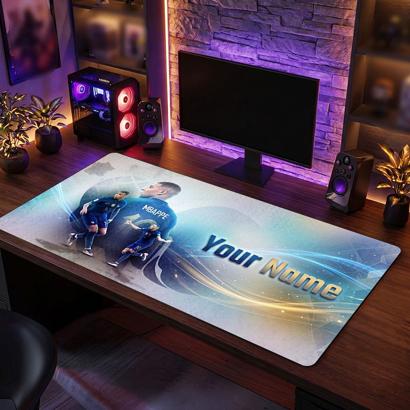Tappetino per Mouse Grande Personalizzato Kylian Mbappe, Stampa Testo Nome Personalizzato, Tappetino da Scrivania Antiscivolo con Logo Calcio, Regalo per Gamer