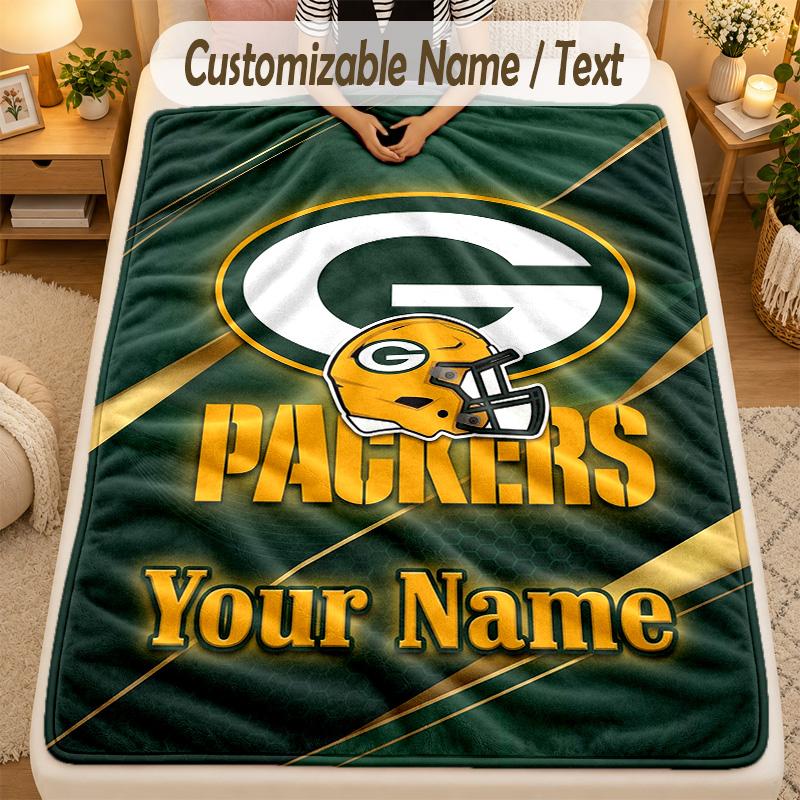 Flannel BlanketGreen Bay Packers Custom Name Text Personalized Soft Warm Throw Blanket Home Decor Gift